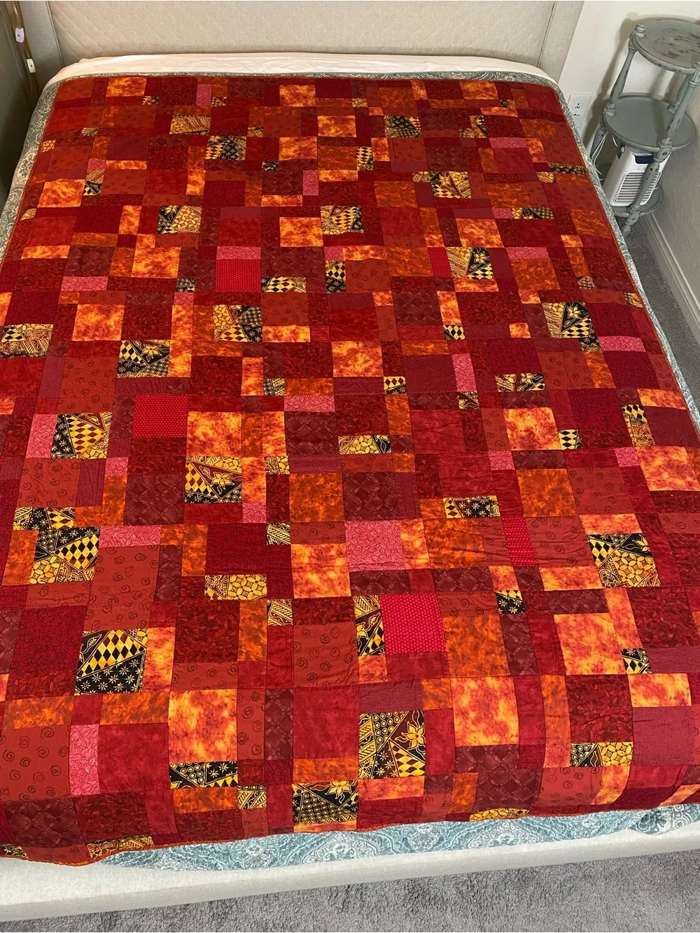 Patchwork Red & Orange Quilted Bedspread with Accented Prints Handmade